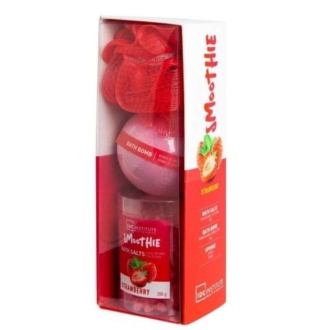 IDC Institute Smoothie Bath Set Strawberry Άλατα 200gr , Μπάλα Μπάνιου 140gr & Σφουγγαράκι