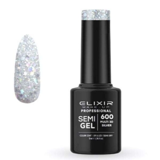 Elixir Professional Semi Gel Ημιμόνιμο Βερνίκι Νυχιών 600 Multi 3D Silver Διάφανο με Ασημί Γκλίτερ Διαφόρων Μεγεθών 5ml