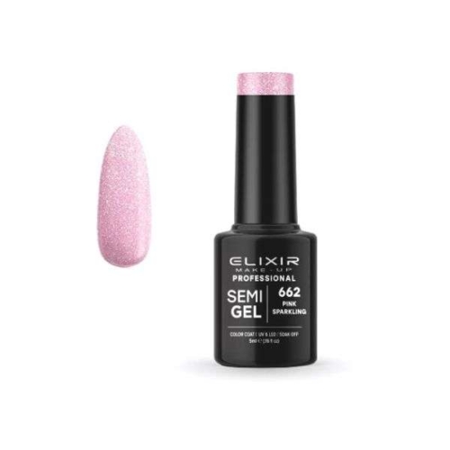 Elixir Professional Semi Gel Ημιμόνιμο Βερνίκι Νυχιών 662 Pink Sparkling Διαφανές Με Συμπαγές Ροζ Shimmer 5ml