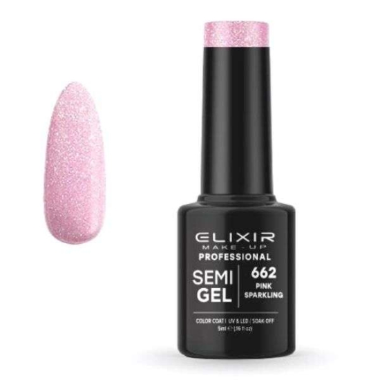 Elixir Professional Semi Gel Ημιμόνιμο Βερνίκι Νυχιών 662 Pink Sparkling Διαφανές Με Συμπαγές Ροζ Shimmer 5ml