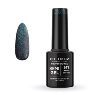 Elixir Professional Semi Gel Ημιμόνιμο Βερνίκι Νυχιών 671 Moss Glitter Έντονο Πράσινο Γκλίτερ 5ml