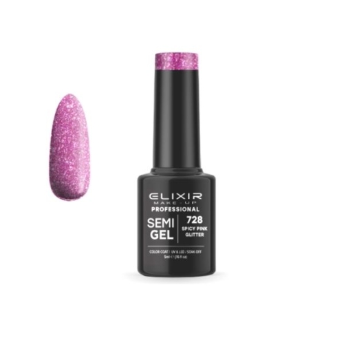 Elixir Professional Semi Gel Ημιμόνιμο Βερνίκι Νυχιών 728 Spicy Pink Glitter Ροζ Συμπαγές Shimmer 5ml