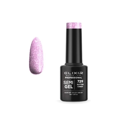 Elixir Professional Semi Gel Ημιμόνιμο Βερνίκι Νυχιών 729 Glitter Candy Ροζ Μωβ Συμπαγές Shimmer 5ml