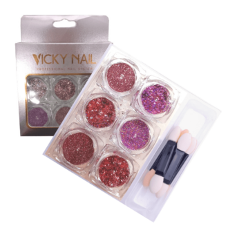 Vicky Nail Διακοσμητική Σκόνη Glitter Νυχιών Ροζ & Λιλά 6 τμχ x 0,8γρ & 6 x Διπλά Πινελάκια Εφαρμογής