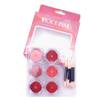 Vicky Nail Διακοσμητική Σκόνη Glitter Νυχιών Κόκκινη 6 τμχ x 0,8γρ & 6 x Διπλά Πινελάκια Εφαρμογής