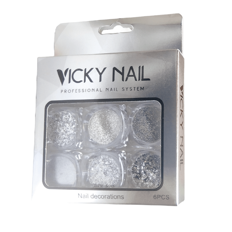 Vicky Nail Διακοσμητική Σκόνη Glitter Νυχιών Ασημί 6 τμχ x 0,8γρ & 6 x Διπλά Πινελάκια Εφαρμογής