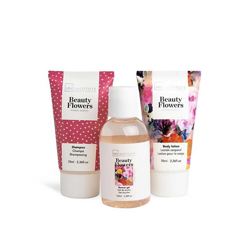 IDC Beauty Flowers Cosmetic Bag GiftSet Shower Gel 100ml, Shampoo 70ml, Body Lotion 70ml & Cosmetic Bag Floral